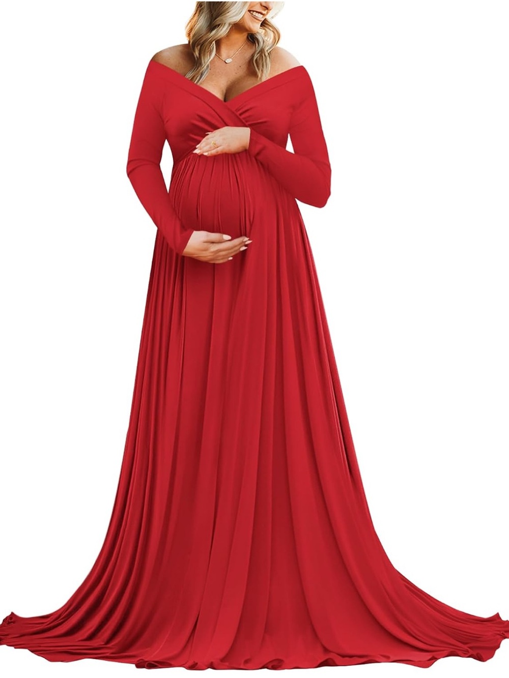 Red Off-Shoulder Maternity Maxi Dress with Long Sleeves